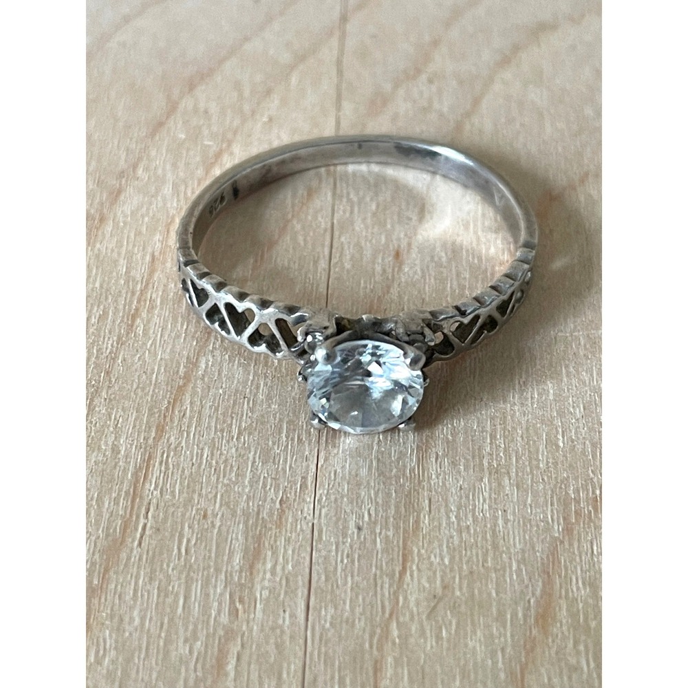 925 Sterling Silver Heart Filigree Round Cubic Zirconia Solitaire Ring Size 10.5